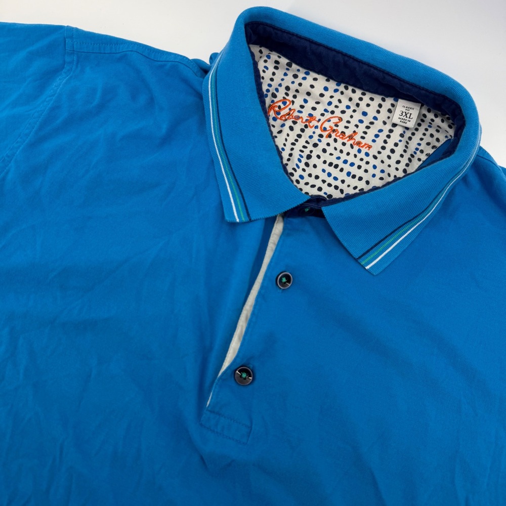 Robert Graham Polo Shirt Mens 3XL Blue Classic Fit Striped Trim Short Sleeve